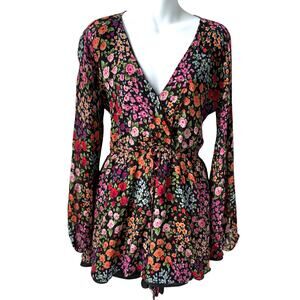 Yumi Kim Womens Floral Print Romper Large Long Balloon Sleeves Flowy Romantic